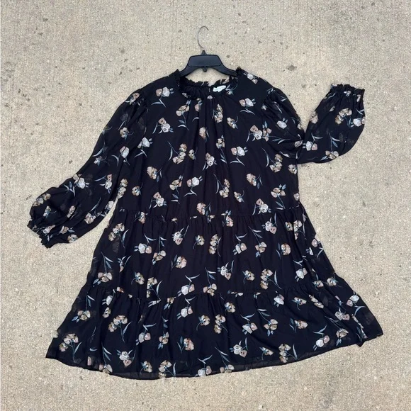 Ophelia Roe Floral Print Black A-Line Dress 2X Long Sleeves Cottagecore Fall - Picture 1 of 9